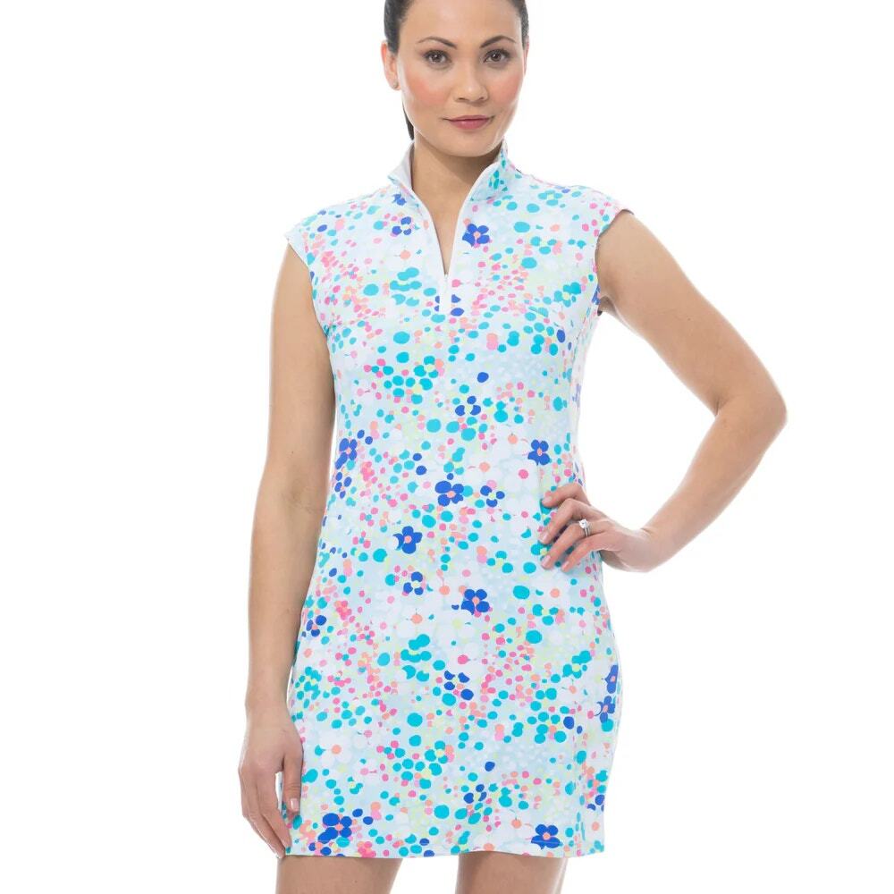 SanSoleil Blue Multicolor Polka Dots Sleeveless Quarter Zip Mini Dress Size S
